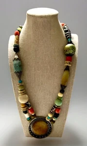 VTG Filigree Tibetan Silver Hand Carved semi-precocious stone pendant Necklace - Picture 1 of 10