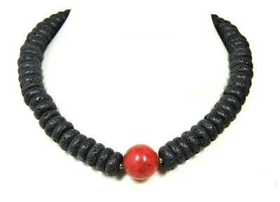 Halskette aus Edelsteinen Lava in Buttonform mit einer großen Korallen-Perle - Bild 1 von 2