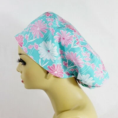 Women Scrub Hat, Hearts, Scrub Hat, Nurses Hat, Pink Floral,  USA made - Image 1 of 4