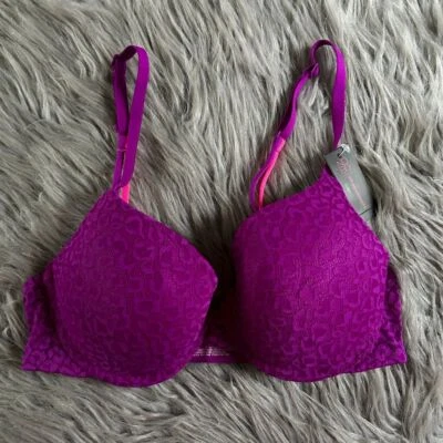 Sujetador push up No Boundaries para mujer talla 32D púrpura leopardo encaje acolchado con aros Foto 1 de 4