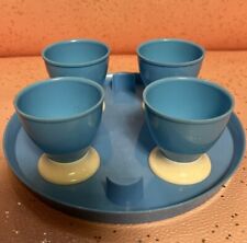Vintage 50’s Hard Boiled Egg Cups - 4 On Robin Egg Blue Serving Tray Stand