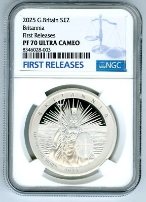 2025 2£ GRANDE GRÃ-BRETANHA 1 OZ PRATA PROVA NGC PF70 UCAM BRITANNIA PRIMEIROS LANÇAMENTOS - Imagem 1 de 2