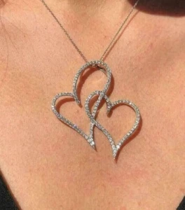 Double Heart 925 Sterling Silver Pendant, Moissanite Diamond Necklace Jewelry - Picture 1 of 2