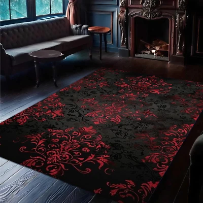 Alfombra floral victoriana roja y negra | Elegante decoración gótica para el hogar Foto 1 de 4