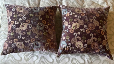 SET OF 2 ANKE DRECHSEL SILK VELVET DECOR PILLOWS 24”X24” EMBROIDERED FLORAL - Image 1 of 4