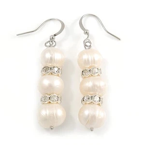 Light Cream Freshwater Pearl Crystal Drop Earrings (Silver Tone) - Picture 1 of 6