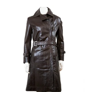 Feminin Touch Women's Brown Glazed Vintage Distressed Leather Slim Trench Coat - Picture 1 of 4