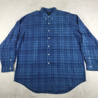 Ralph Lauren Button Up Long Sleeve Shirt Men's 2XL Blue Plaid Indigo Oxford - Image 1 of 4