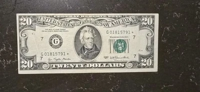 1977 TWENTY DOLLAR $20 BILL FEDERAL RESERVE STAR NOTE  MINOR FOLD Misaligned CUT - Image 1 of 4