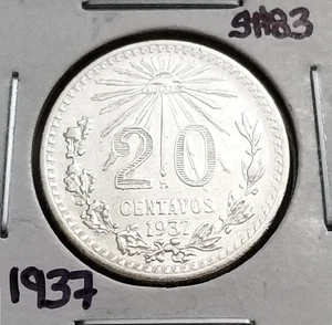 Mexico 20 Cents 1937 .720 Coin Silver, 20 Centavos moneda de Plata .720. - Picture 1 of 4