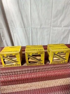 Vintage ACME 3 BOXES OF 30 FLAT CLOTHS PINS 90 TOTAL HARD WOOD NOS - Picture 1 of 9