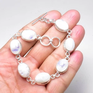 Pulsera de cadena hecha a mano con piedras preciosas de plata de ley 925 con piedras lunares arco iris - Imagen 1 de 5