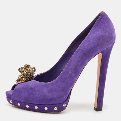 Alexander McQueen Purple Suede Skull Peep Toe Pumps Size 40 - Image 1 of 4