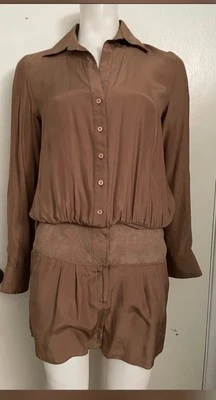HH Haute Hippie Collared Buttons down Long Sleeve Silk Romper in Brown Size XS - Image 1 of 3