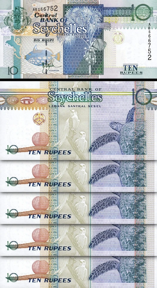 Seychelles 10 Rupees 1998, UNC, 5 Pcs LOT, Consecutive, P-36a, First Sign - Image 1 of 4