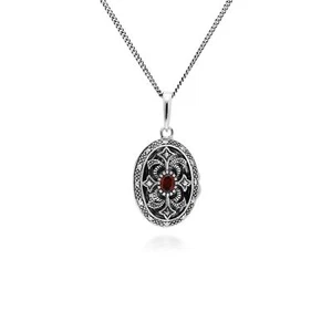 Art Nouveau Stile Ovale Granato E Marcasite Medaglione Collana IN 925 Argento - Foto 1 di 1