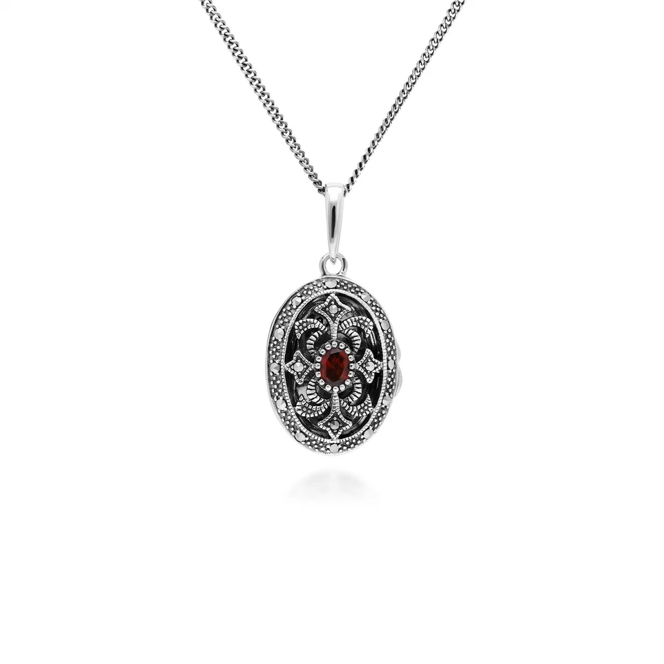 Art Nouveau Stile Ovale Granato E Marcasite Medaglione Collana IN 925 Argento - Immagine 1 di 1