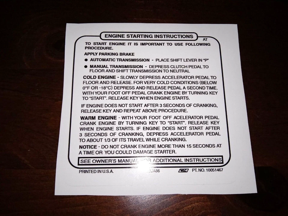 Nuevo Oldsmobile Delta 88 1983-1984-1985 instrucciones de arranque etiqueta parasol Foto 1 de 1