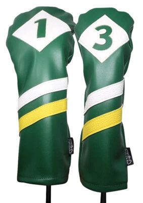 Majek Retro Golf 1 & 3 Driver & Wood Headcover Green White Yellow Leather Style - Image 1 of 4