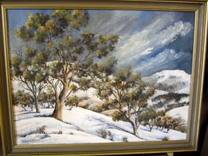 Kenneth E. Andrews: ""Snowfields Tumut Valley"" pintura firmada y enmarcada. 1974 - Imagen 1 de 13