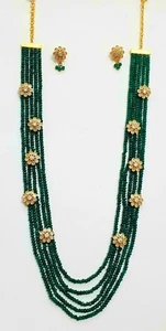 Indian green onyx beads multistring set n cz floral motif matinee necklace set - Picture 1 of 6