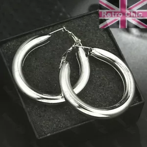2"Hoops 5cm Statement Silver Fashion Chunky Big Thick White Gold Hoop Earrings - Picture 1 of 9