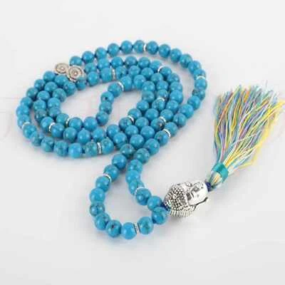 6mm 108 Natural Blue Turquoise gemstone knot Tassel Necklace Easter Diy - Image 1 of 4
