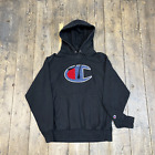 Champion Hoodie Spellout Y2k Reverse Weave Sweatshirt, Black, Mens Medium