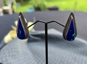 Pair Vintage Azurite Malachite Sterling Silver Mexico Teardrop Clip-On Earrings - Picture 1 of 6