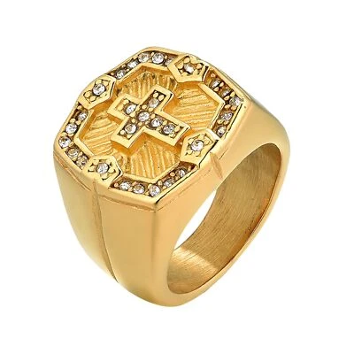 Anillo religioso de oración con banda de circonita cúbica cruz de acero inoxidable dorado para hombre talla 8-13 Foto 1 de 4