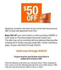 HOME DEPOT $50 Off $500 w/HD Credit Card Online Exp. 9/30/23