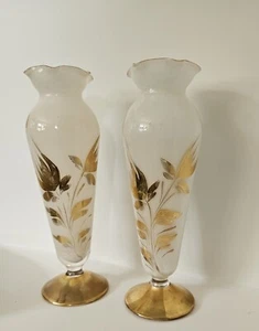 Pair Of Hand Painted Gold On White Vintage Vases Unsigned - Picture 1 of 9