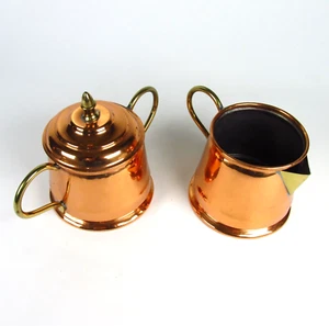 Vintage Belgien Milchkännchen Krug & Zuckerdose Set Kupfer & Zinn Metall Messinggriffe - Bild 1 von 23