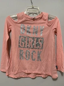 DKNY Bling Girls Medium (8/10) Pink Preppy Cold Shoulder Logo Top Long Sleeve - Picture 1 of 10