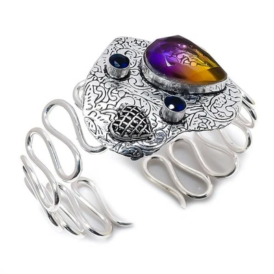 Bracciale in argento sterling 925 con topazio blu in tormalina bicolore regol... - Immagine 1 di 4