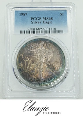 1987 American Silver Eagle PCGS MS68 Toned Blue and Purple - Image 1 of 4