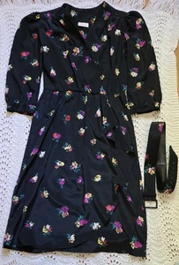 Vintage Lady Carol Sz Full Skirt Blouson Black Floral Pleated Ruffles Belt Fairy - Picture 1 of 24