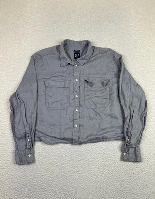 Camisa Gap Mujer Grande Piloto Gris 100% Lino Recortada Manga Larga Botón Delantero Foto 1 de 4