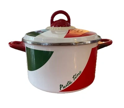 Vintage Pasta Time 6 QT Metrokane Enamel Cooking Pot With Strainer Timer Red HTF - Image 1 of 4