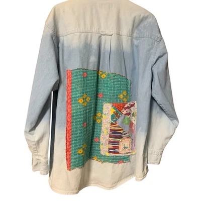 Upcycled Denim Shirt XL Kantha Boho Festival Patchwork Artsy Sustainable Hippie - Imagem 1 de 4