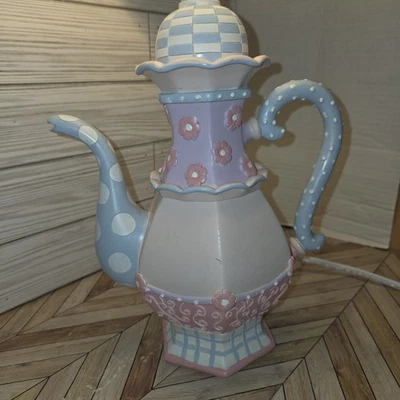 Bright Lights Resin Teapot Table Lamp Blue Pink Purple Checks Dots Swirls Flower - Image 1 of 4