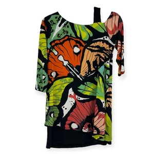 EVA VARRO Orange Butterfly Tunic Top Monarch Art Asymmetrical Stretch Womens M - Picture 1 of 13