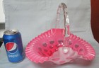 Lg. Vintage Pink Fenton Opalescent Art Glass Coin Dot Thumbprint Basket-EXC!
