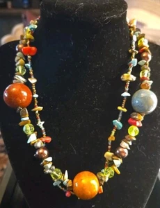 Turquoise, Amber Stones & Glass Beaded Double Strand Necklace Southwest Boho - Picture 1 of 9