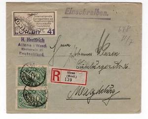 ALTENA GERMANY 1923 REGISTERED COVER W/ CORRESPONDENCE CLUB LABEL / SEAL - Picture 1 of 2