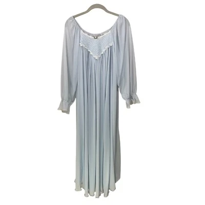 Vtg Miss Elaine Size M Long White Prairie Nightgown Pastel Blue Nylon USA Union - Image 1 of 4