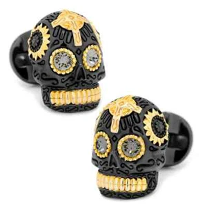 Black and Gold Vermeil Day of the Dead Skull Cufflinks - Picture 1 of 4