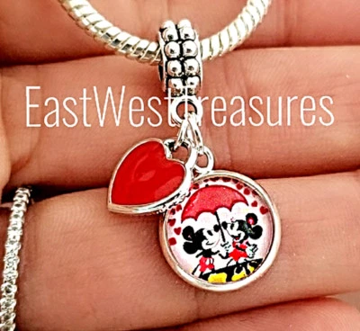 Mickey Love Minnie couple kiss wife Valentines Day charm necklace bracelet  - Image 1 of 3