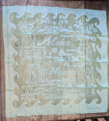 Vtg 60’s Sheer Mint Green  Hawaiian Islands Souvenir/ Tourism Scarf 27”  Square - Image 1 of 4