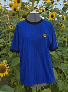 Cross Colours Short Sleeve Shirt Vintage Black Trim Pinstripe on Blue Medium - Picture 1 of 15